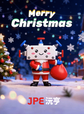 JPE Christmas greeting image featuring a cute character wearing a valve-shaped helmet and Santa Claus outfit, holding a gift bag in a snowy scene with Christmas trees, festive lights, and &ldquo;Merry Christmas&rdquo; text.